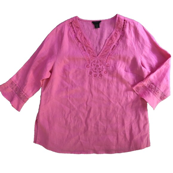 Silkland 100% Linen Embroidered Tunic Womens Sz 1X Pink V-Neck Flare Sleeve Boho - Picture 9 of 14